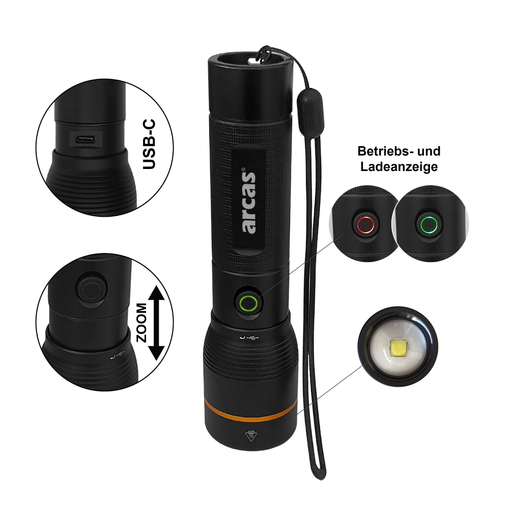 Rankinis žibintuvėlis, 2000lm, 20W, įkraunamas USB-C, juodas, ARCAS - Image 2