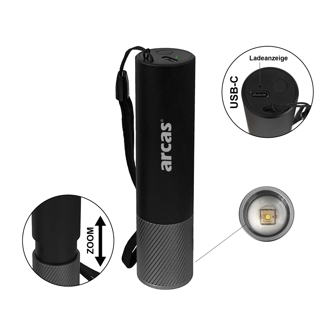 Rankinis žibintuvėlis 300lm, 3W, įkraunamas USB-C, juodas, ARCAS - Image 2