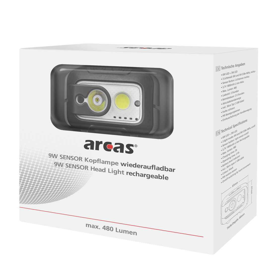 Galvos žibintuvėlis, 480lm, 9W, įkraunamas USB-C, ARCAS - Image 2