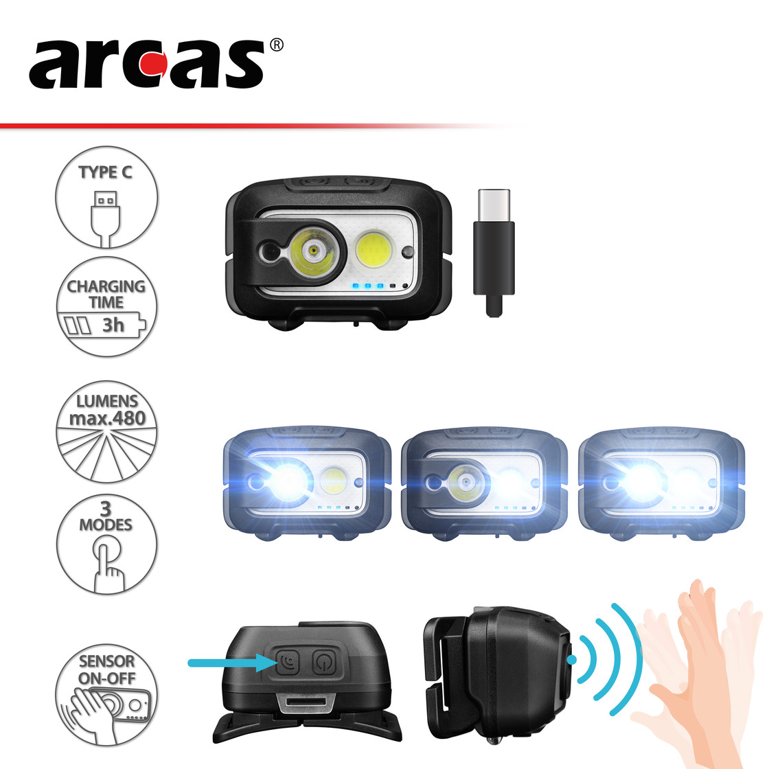 Galvos žibintuvėlis, 480lm, 9W, įkraunamas USB-C, ARCAS - Image 3