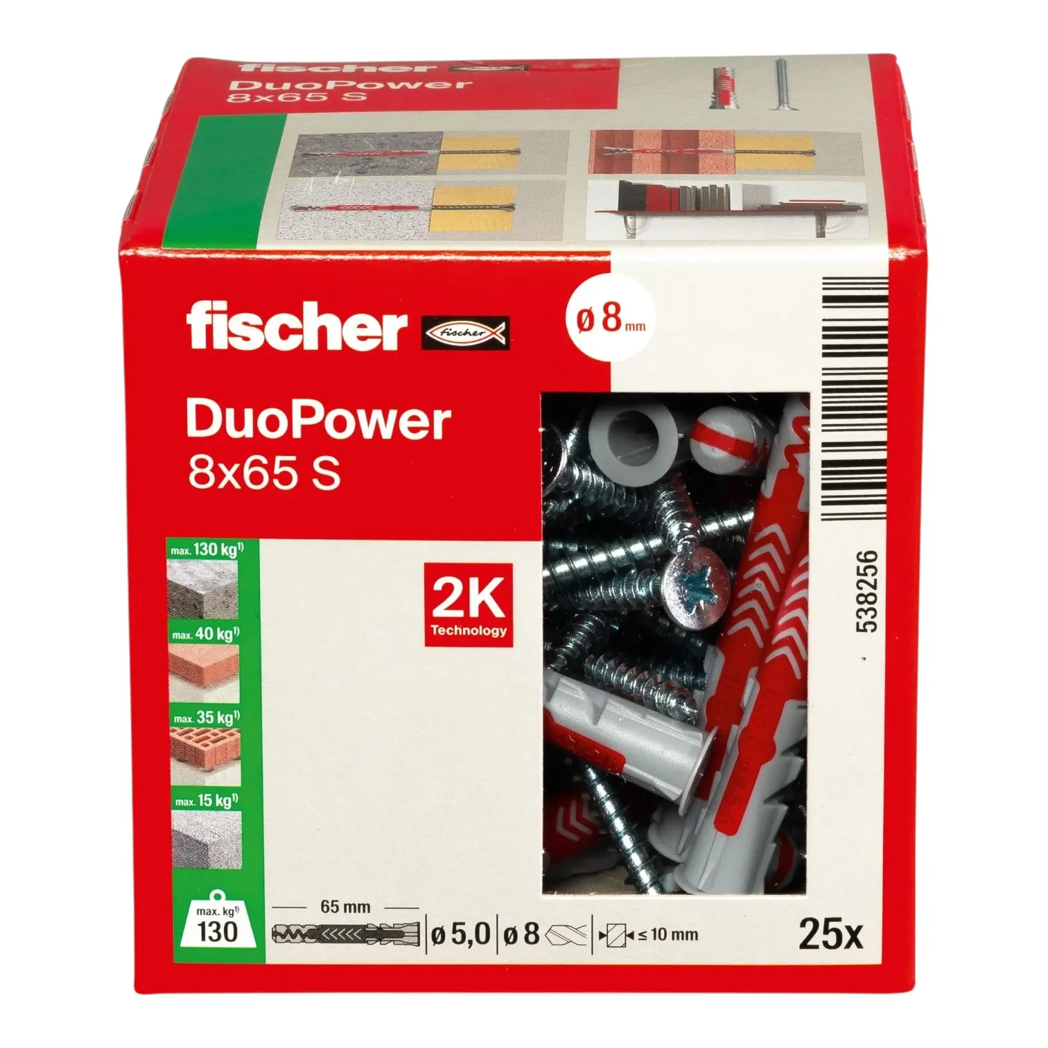 Universalus dvikomponentis kaištis DuoPower 8x65 S su varžtu, 25 vnt. FISCHER - Image 3